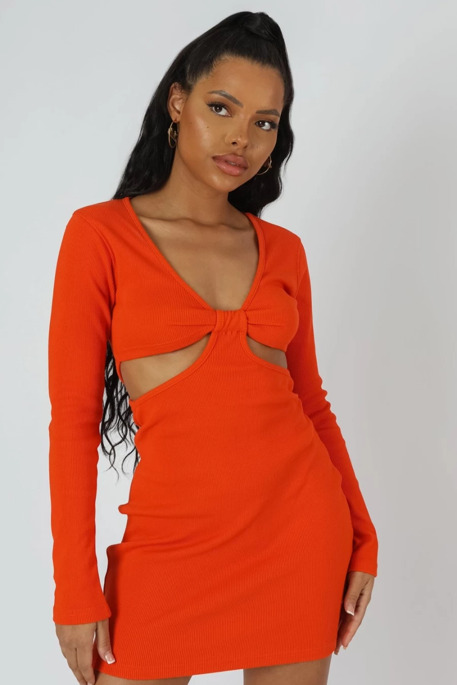 "Public Desire Orange Waist Cut Out Long Sleeve Mini Dress for Women"