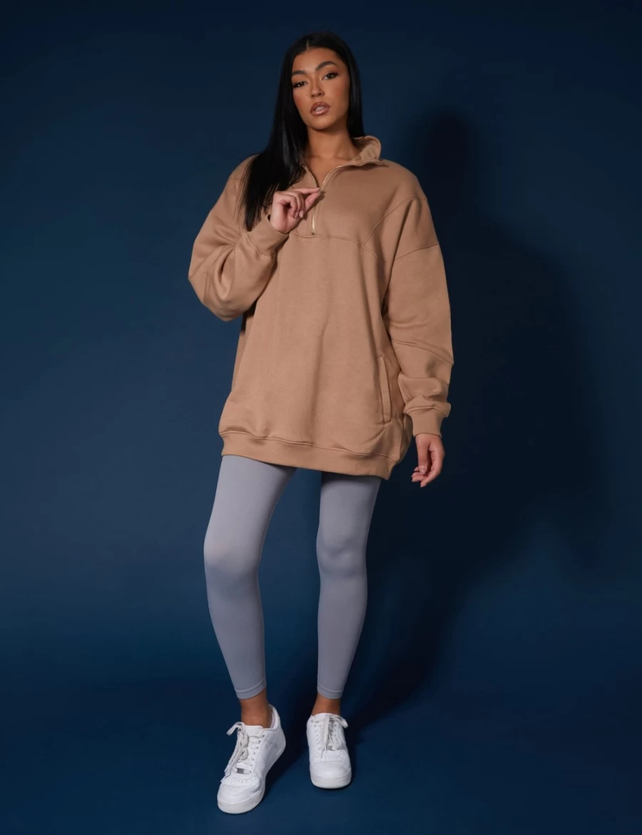 Women's Camel Oversized Half Zip Pullover Sweat Dress by Public Desire