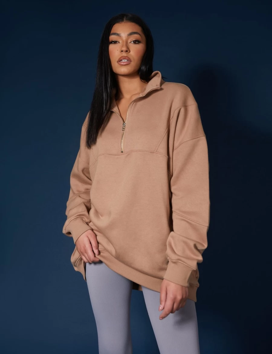 Women's Camel Oversized Half Zip Pullover Sweat Dress by Public Desire