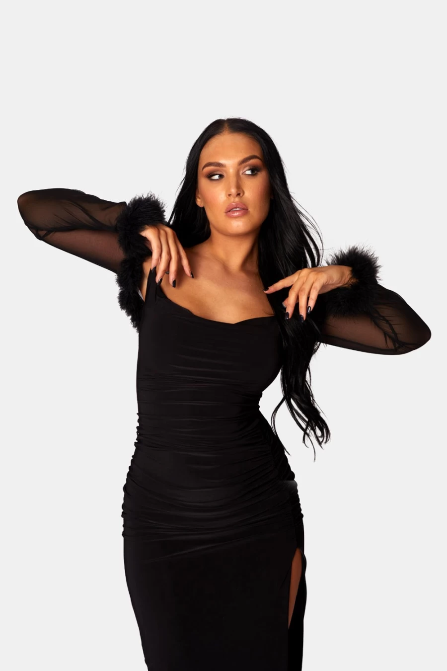 Public Desire Black Feather Trim Mesh Shrug for Women - Elegant Evening Cover-Up