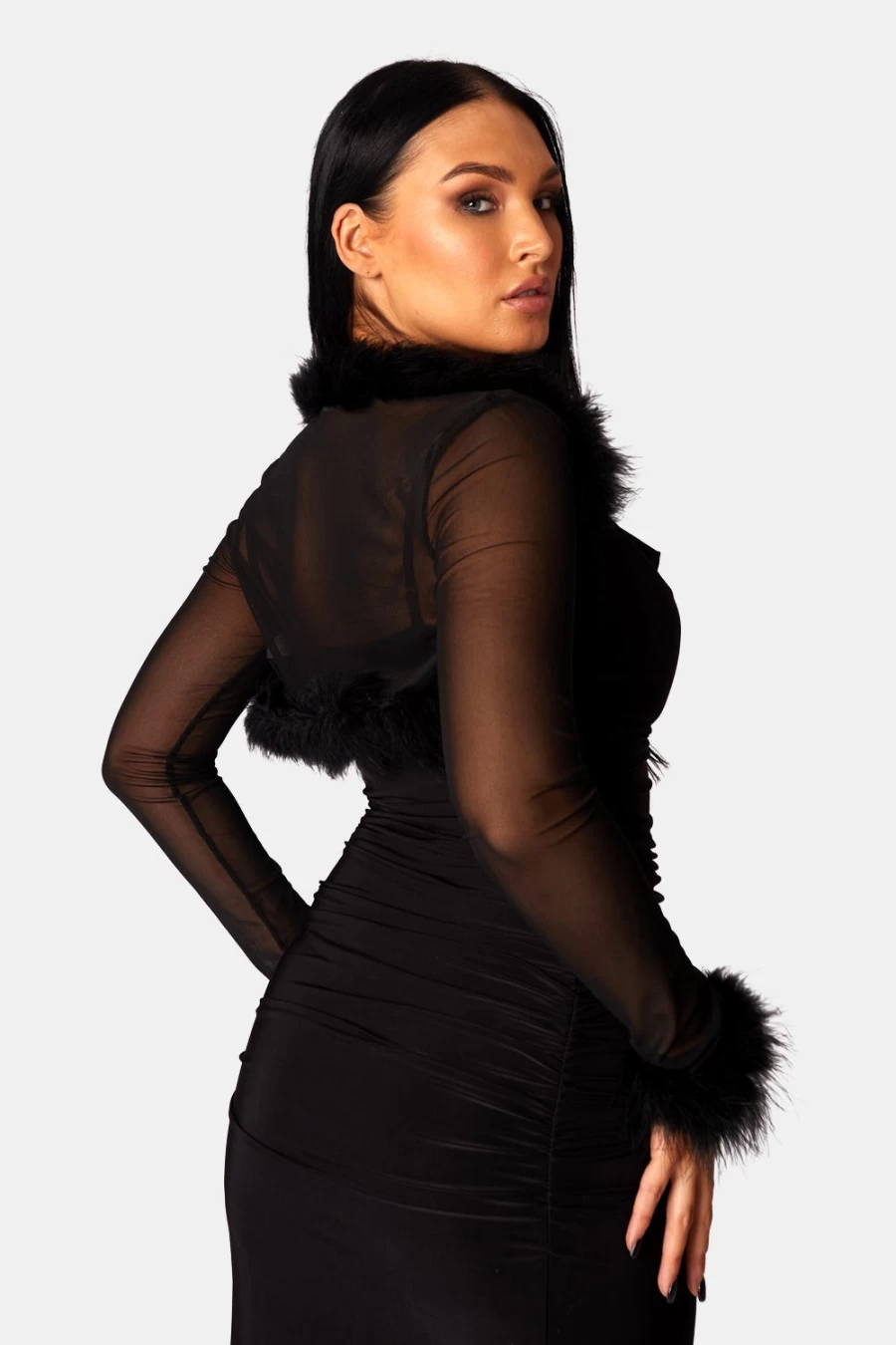 Public Desire Black Feather Trim Mesh Shrug for Women - Elegant Evening Cover-Up