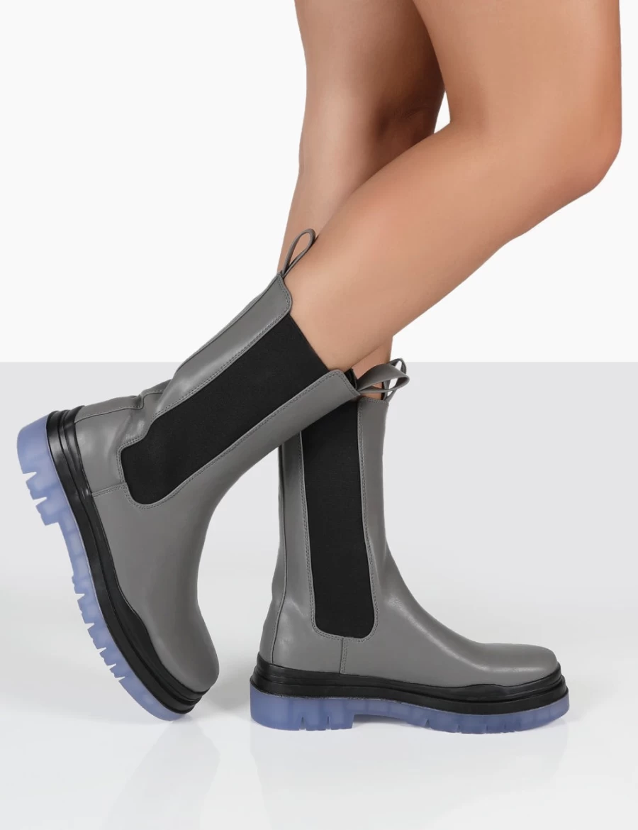 Public Desire Women's Grey Chunky Sole Winter Chelsea Boots Ankle Height