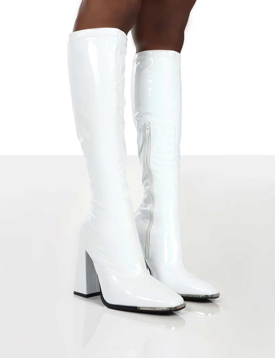 Public Desire Women's White Caryn Patent Wide Fit Knee High Block Heel Boots