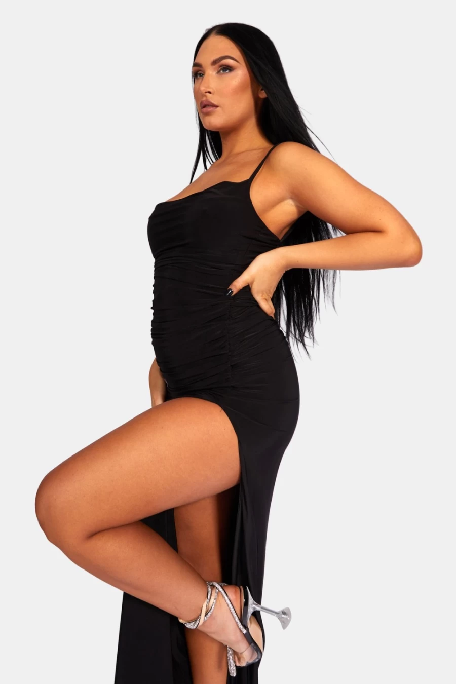 Public Desire Women's Black Cowl Neck Slinky Maxi Dress with High Side Split