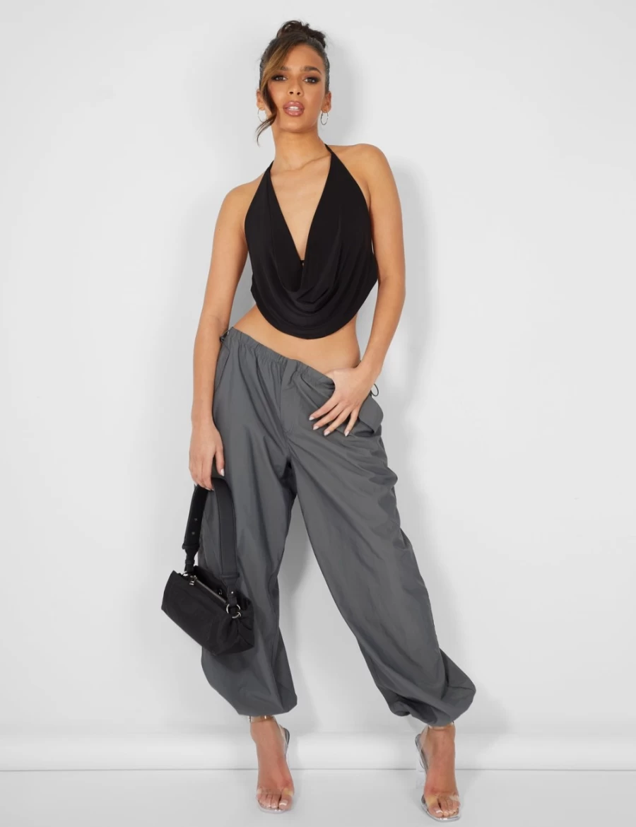 "Public Desire Women's Black Cowl Neck Crop Top - Stylish & Trendy"