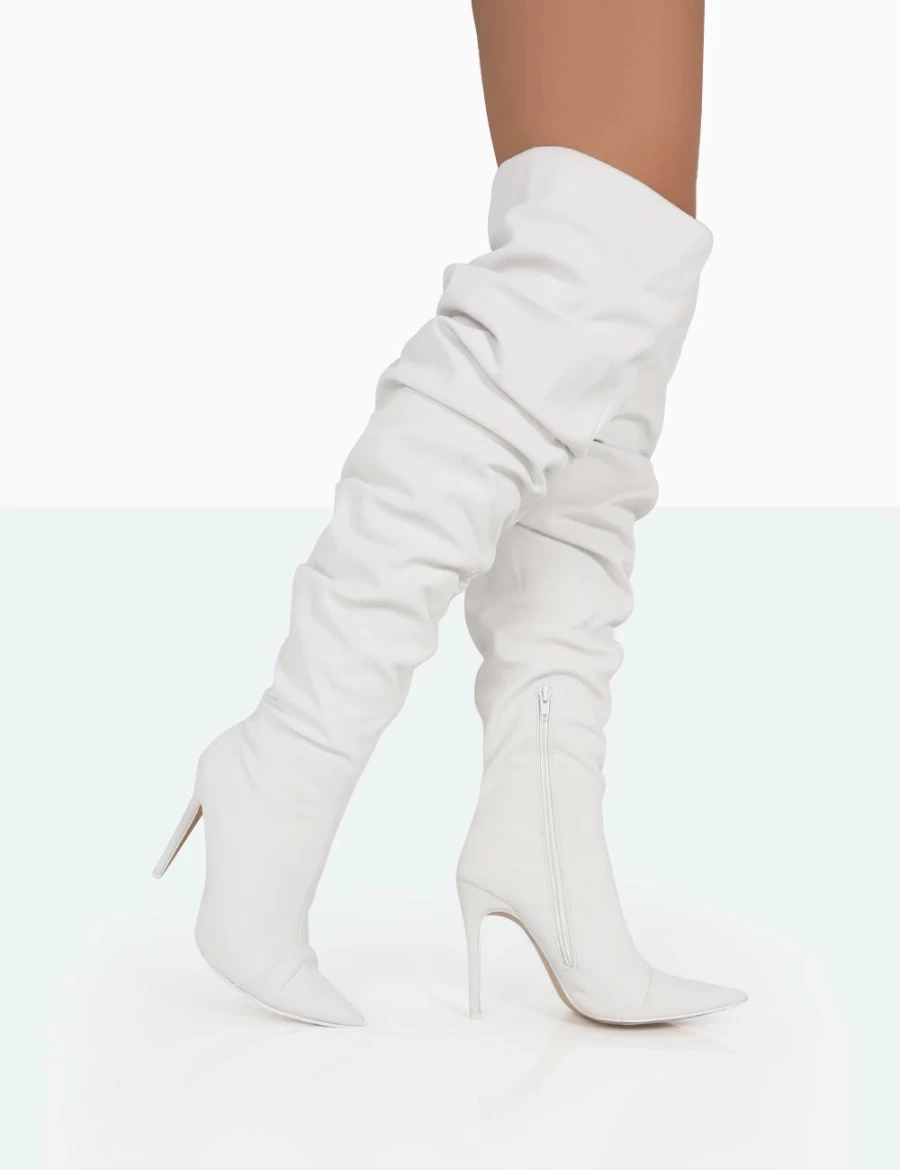 Public Desire Women's White Faux Suede Pointed Toe Over The Knee Stiletto Boots - Lariza Off Style