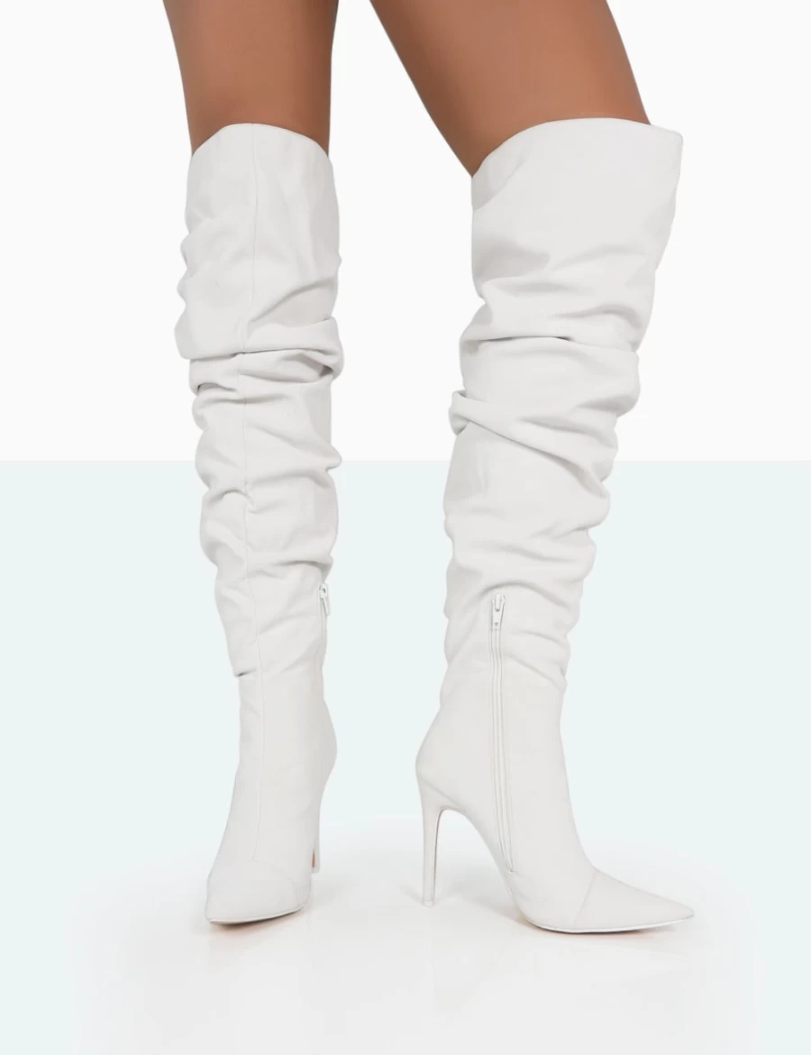 Public Desire Women's White Faux Suede Pointed Toe Over The Knee Stiletto Boots - Lariza Off Style