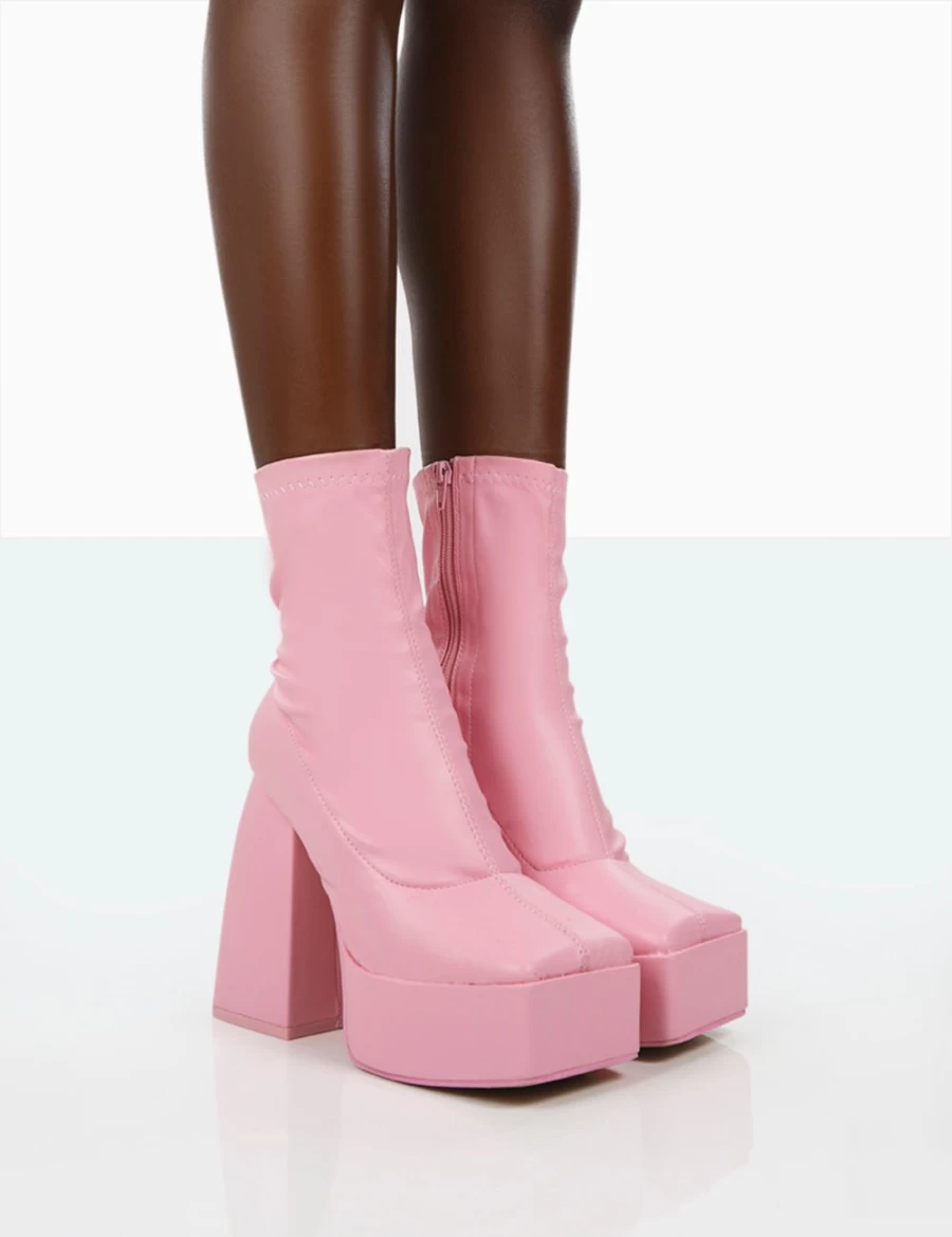 Public Desire Women's Pink Wide Fit Chunky Square Toe Platform Ankle Boots with Block Heel