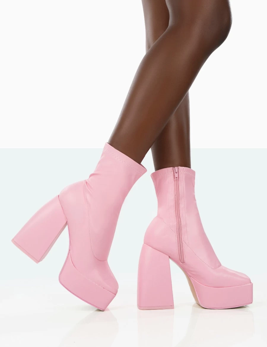 Public Desire Women's Pink Wide Fit Chunky Square Toe Platform Ankle Boots with Block Heel