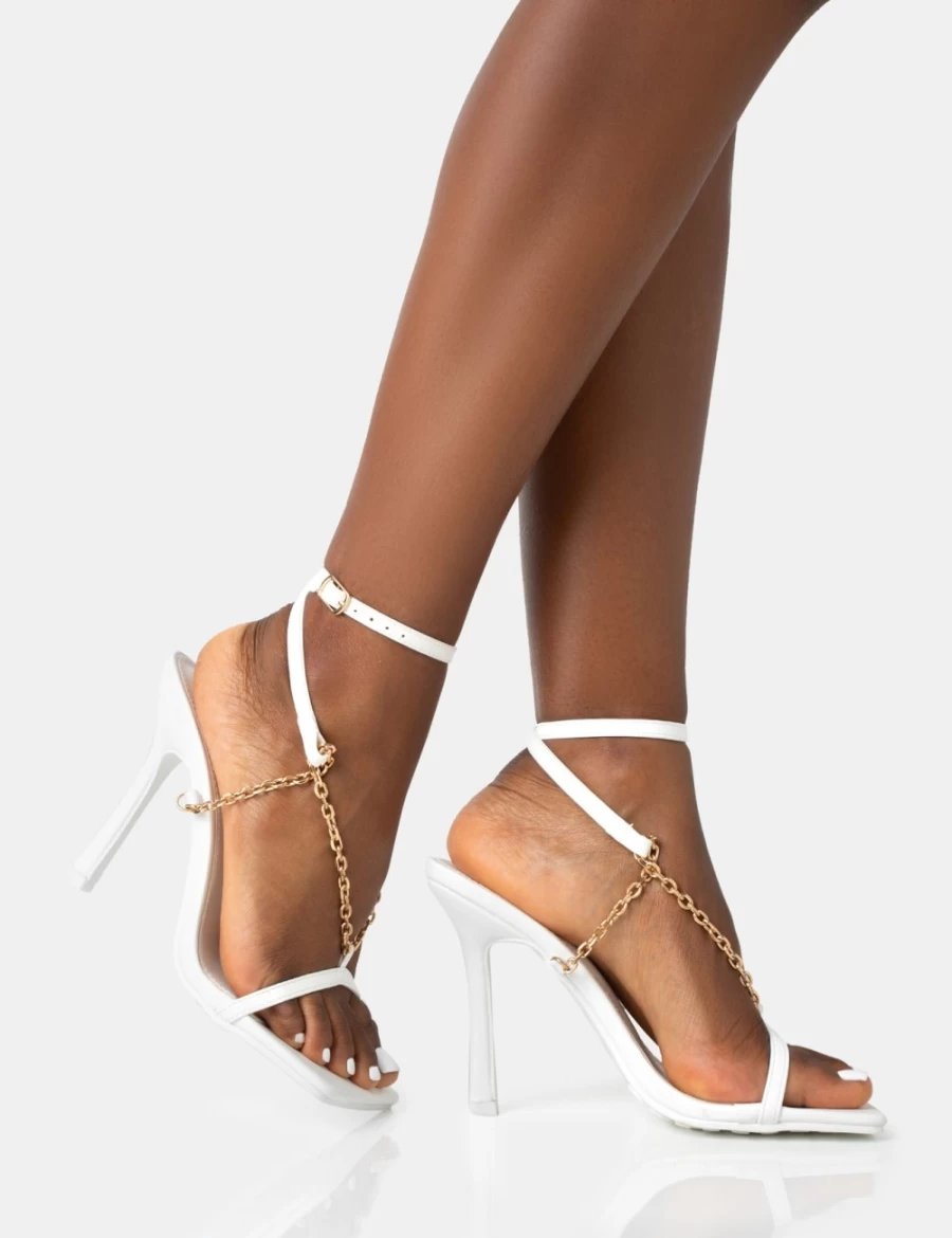 Public Desire Women's White Pu Chain Strap Square Toe Stiletto Heels - Catwalk High Heel Sandals