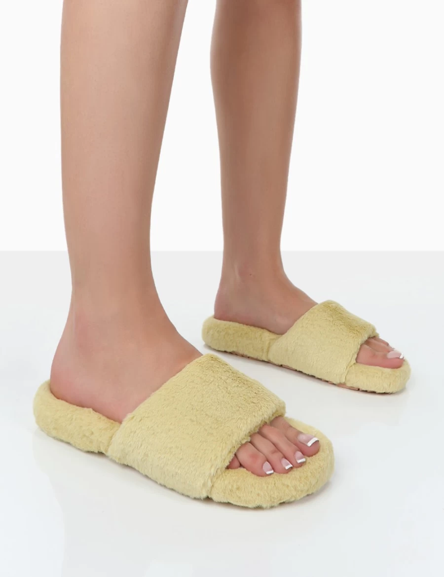 Public Desire Women's Yellow Fluffy Faux Fur Slippers - Namaste Cozy Comfort Slide