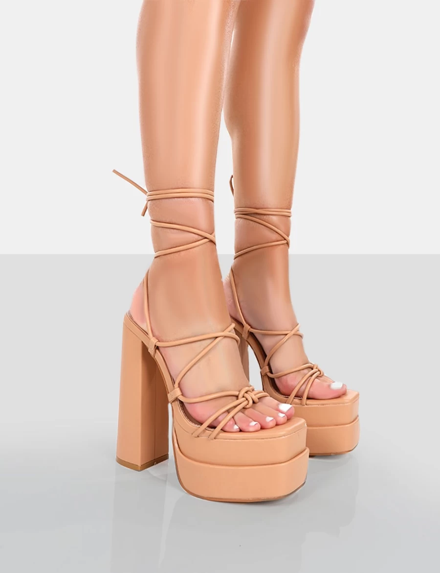 Public Desire Women's Nude Lace Up Platform High Heels - Glow Girl PU Stiletto Pumps