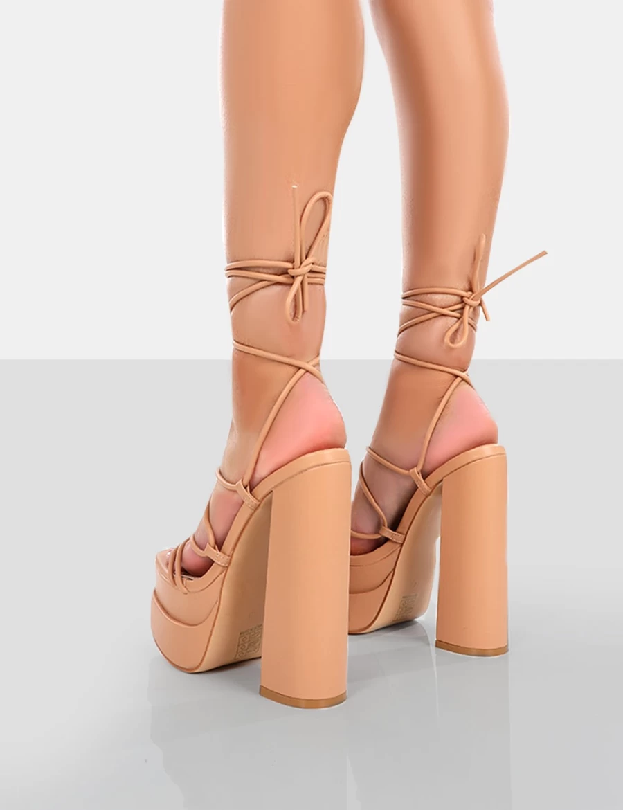 Public Desire Women's Nude Lace Up Platform High Heels - Glow Girl PU Stiletto Pumps