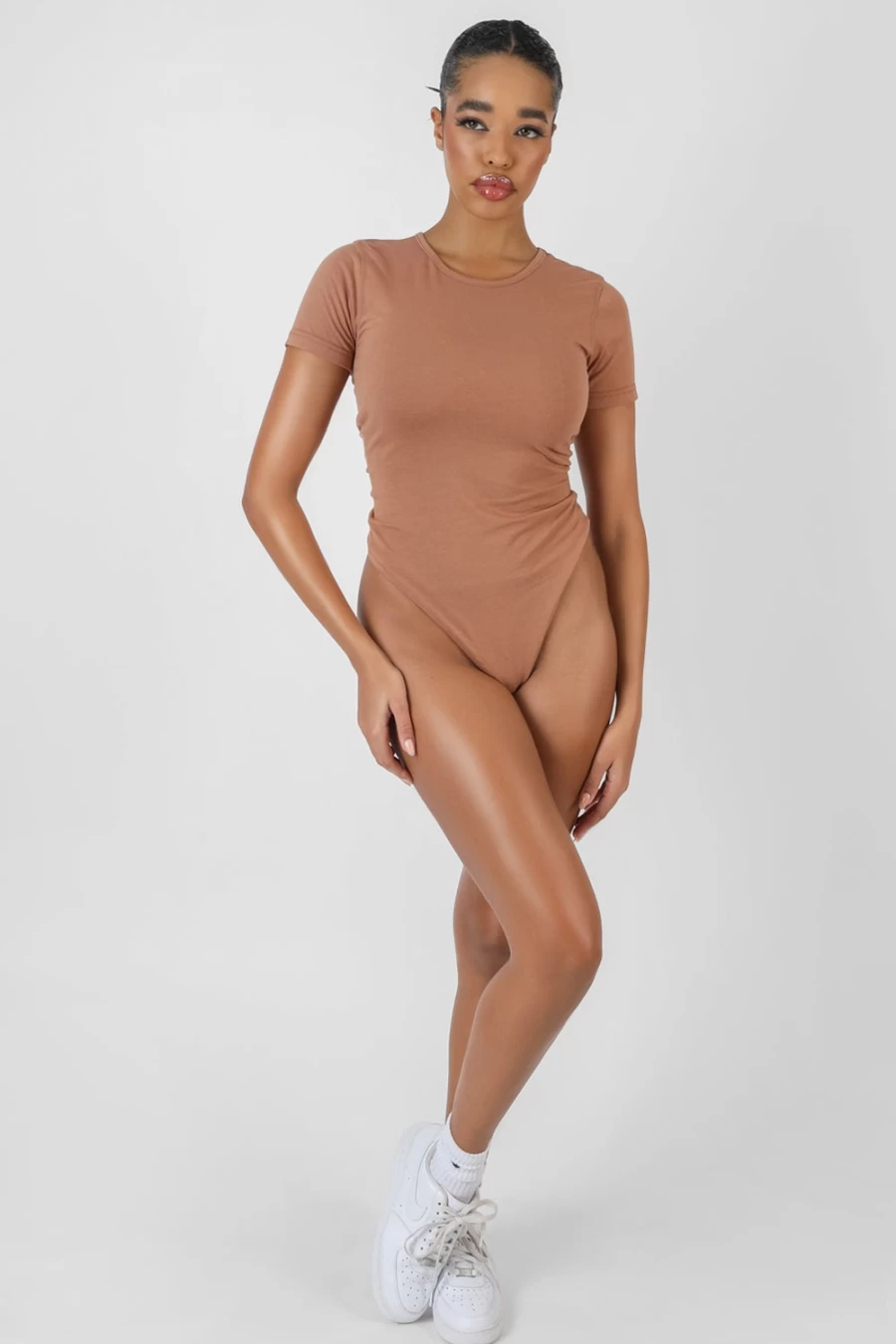 Women's Camel Crew Neck Cap Sleeve T-Shirt Bodysuit by Public Desire