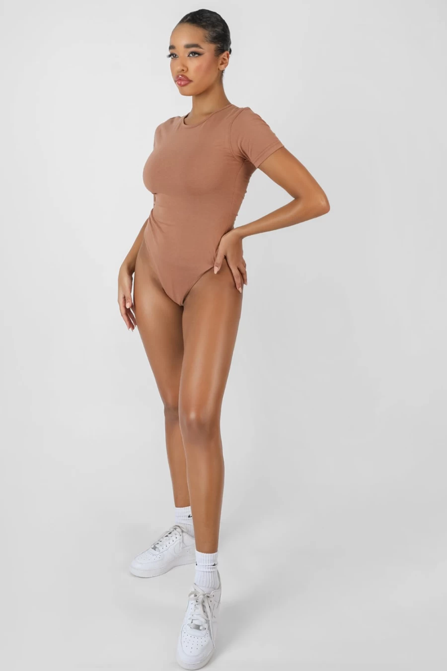 Women's Camel Crew Neck Cap Sleeve T-Shirt Bodysuit by Public Desire