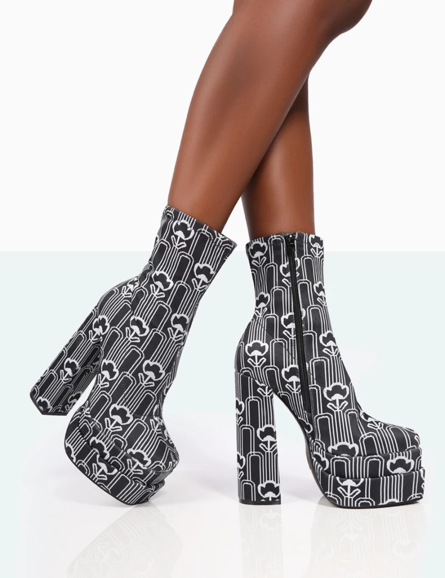 Public Desire Women's Black Floral Print Nylon Platform Ankle Boots with Block Heel