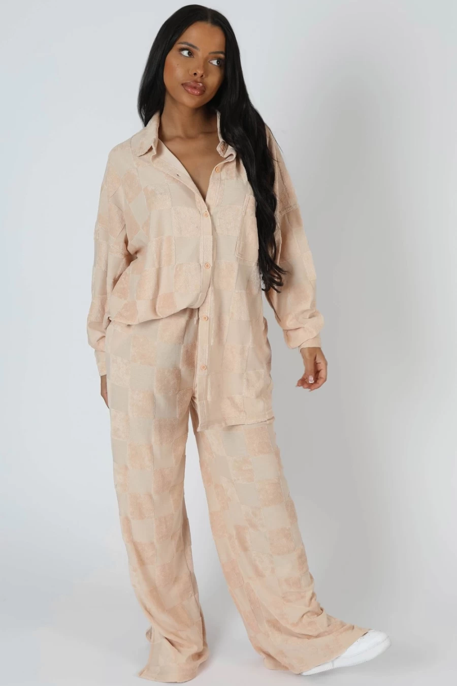 "Public Desire Women's Sand Oversized Checkerboard Towelling Shirt - Stylish Casual Beachwear"
