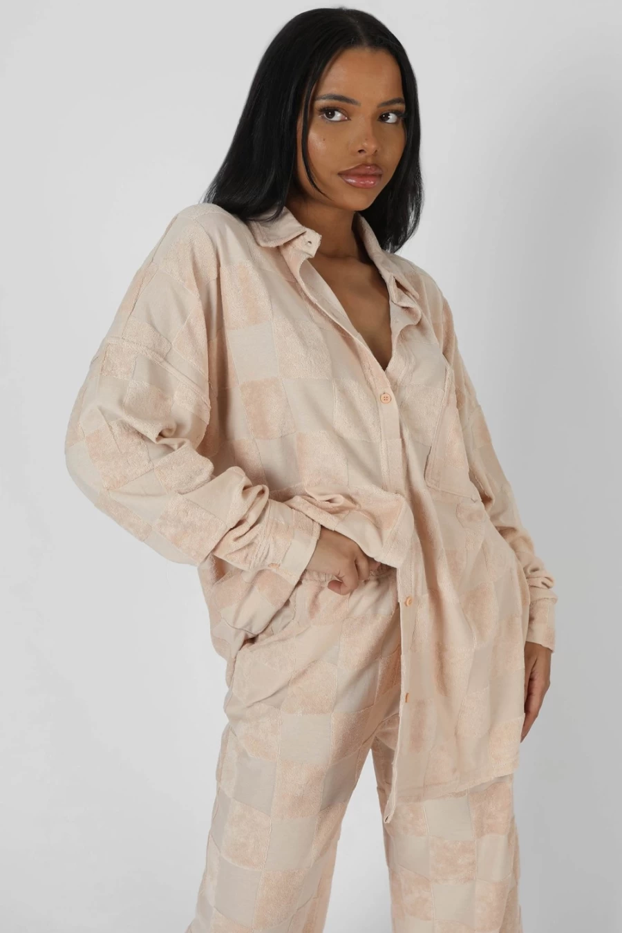 "Public Desire Women's Sand Oversized Checkerboard Towelling Shirt - Stylish Casual Beachwear"