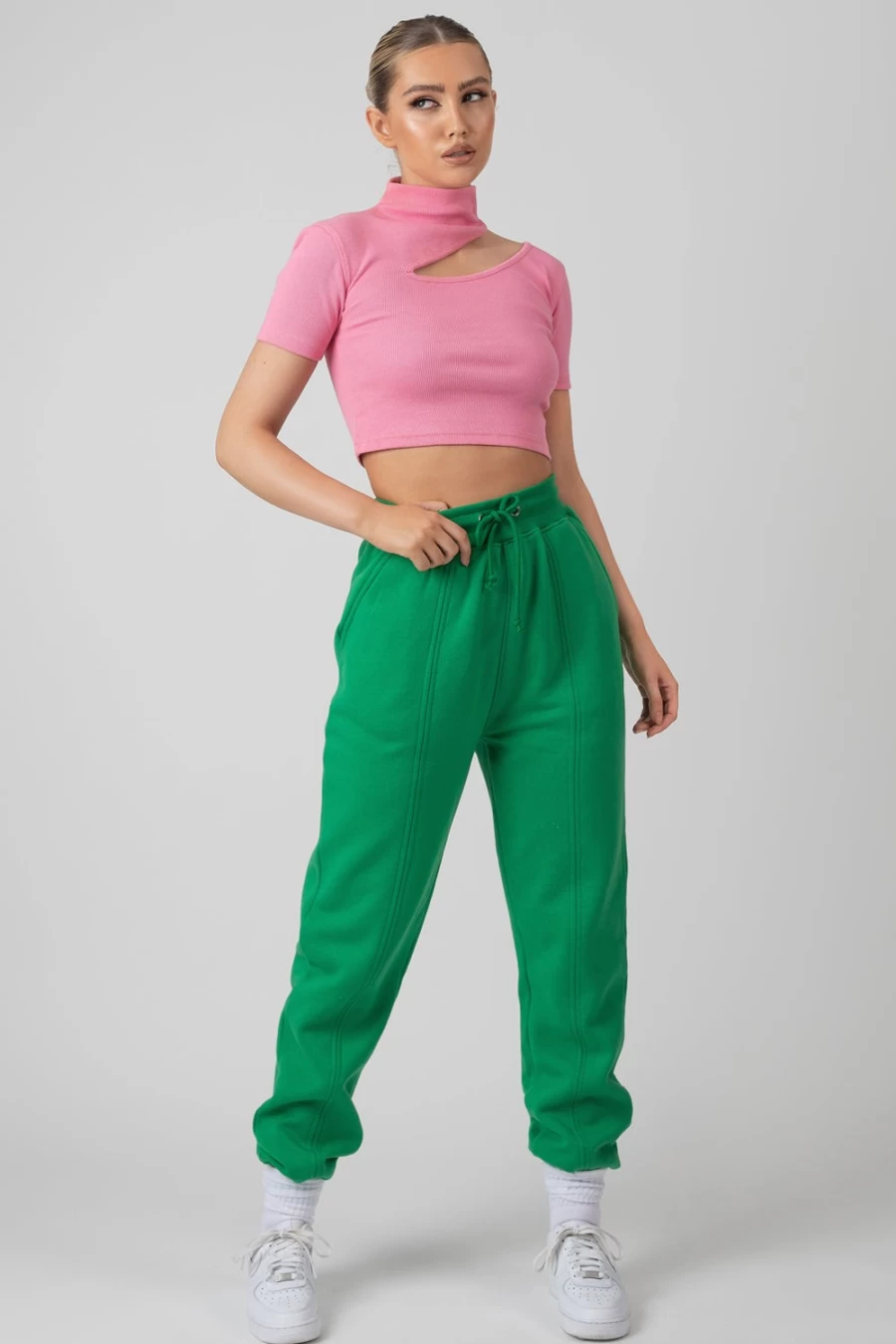 Public Desire Women's Pink High Neck Ribbed Cropped T-Shirt with Cut Out Detail