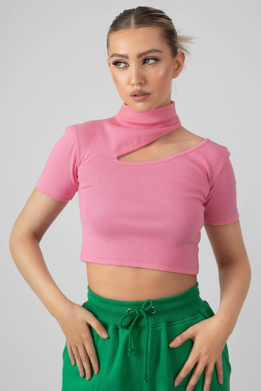 Public Desire Women's Pink High Neck Ribbed Cropped T-Shirt with Cut Out Detail