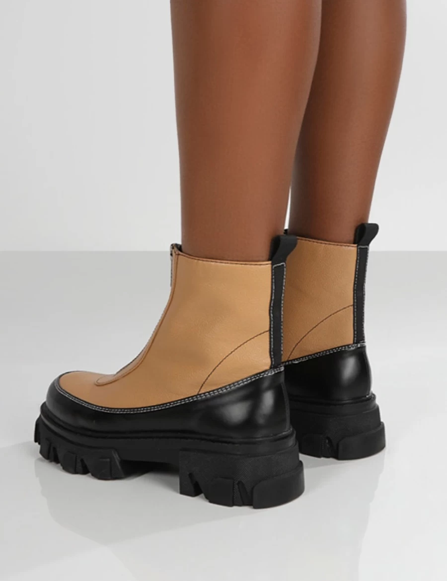 Public Desire Women's Brown Chunky Sole Ankle Boots with Zip Front & Platform Heel