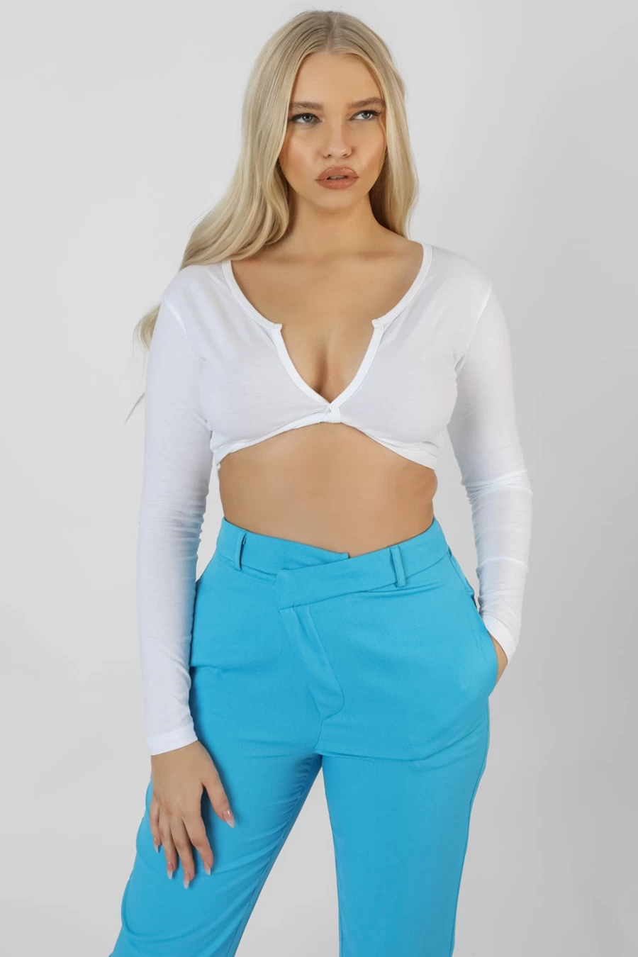"Public Desire Women's White Twist Front Crop Top Long Sleeve Blouse"