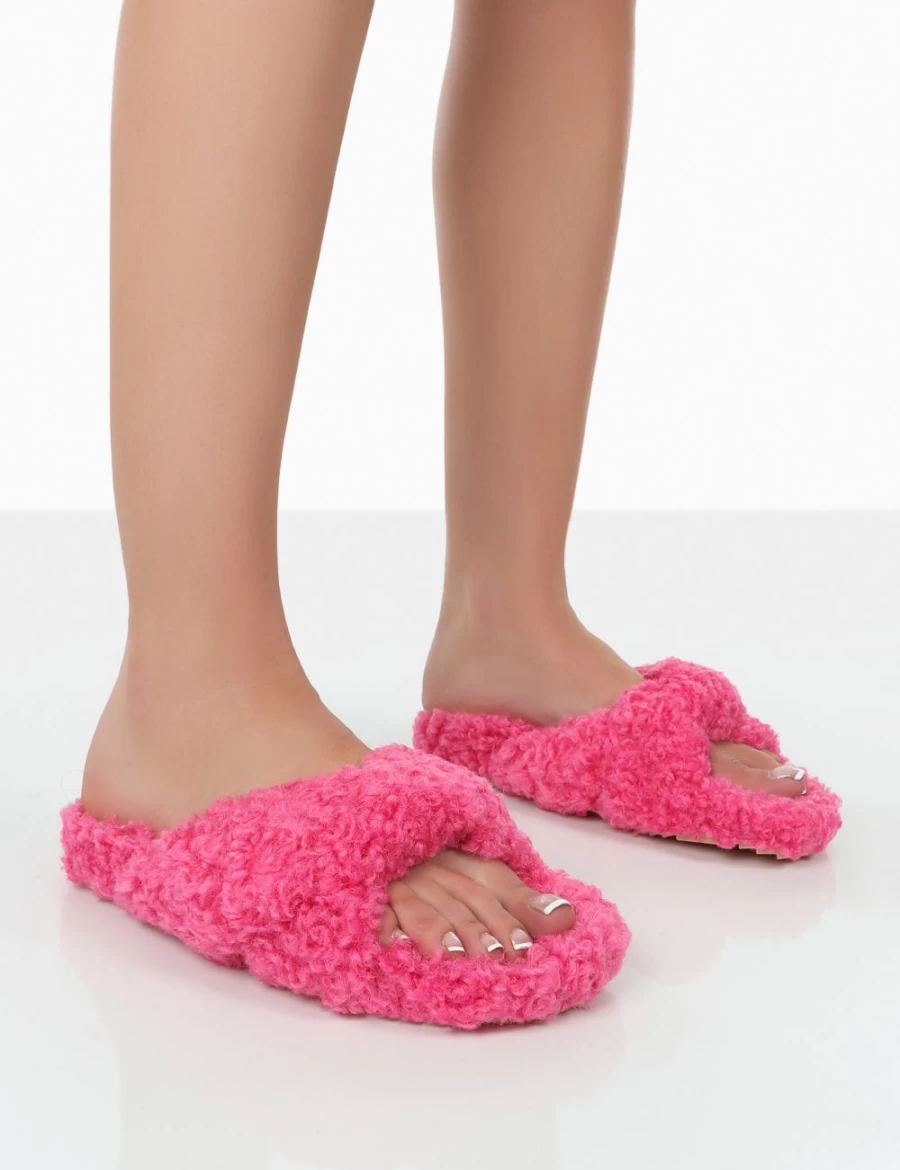 Public Desire Women's Pink Slumber Teddy Cross Strap Slippers - Cozy Plush Slide-On House Shoes