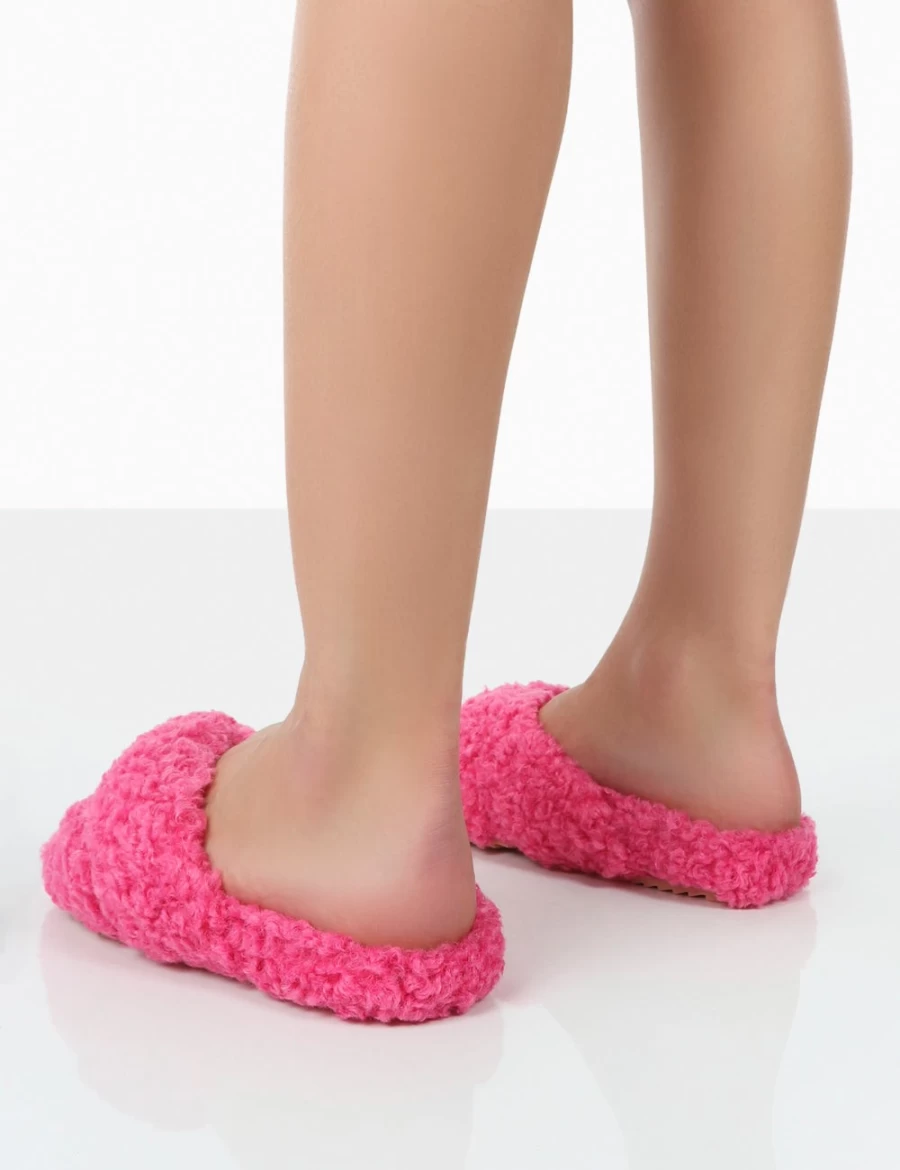 Public Desire Women's Pink Slumber Teddy Cross Strap Slippers - Cozy Plush Slide-On House Shoes