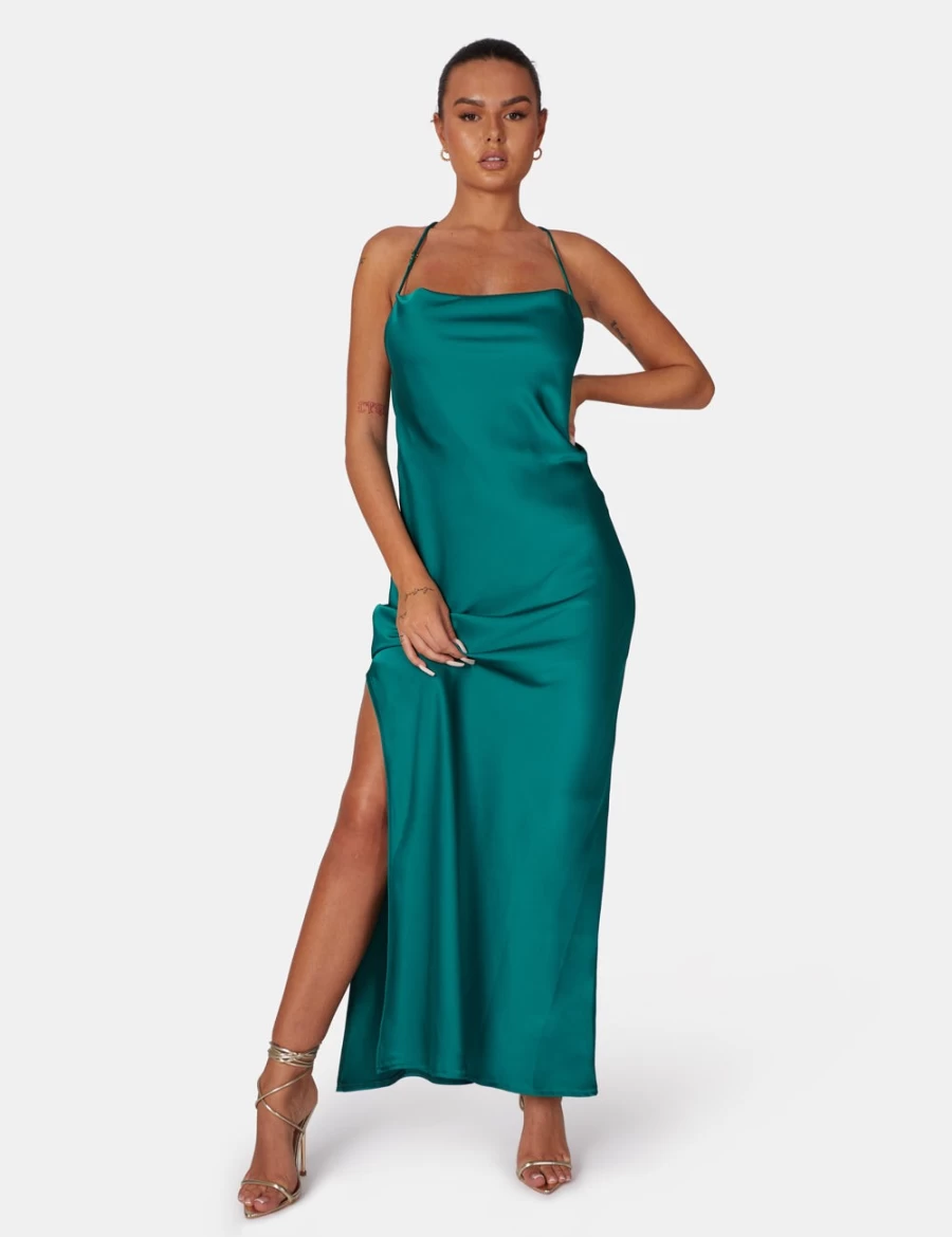 Public Desire Women's Emerald Green Split Hem Cowl Neck Cross Back Maxi Dress
