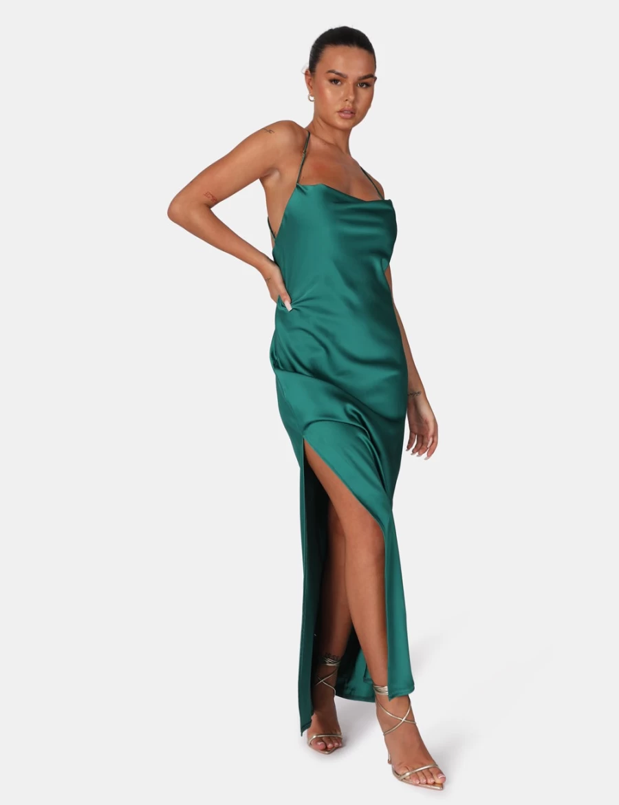 Public Desire Women's Emerald Green Split Hem Cowl Neck Cross Back Maxi Dress