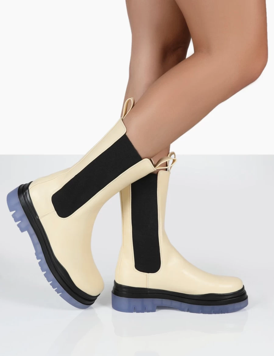 Public Desire Women's Cream Chunky Sole Winter Chelsea Boots Ankle Boots