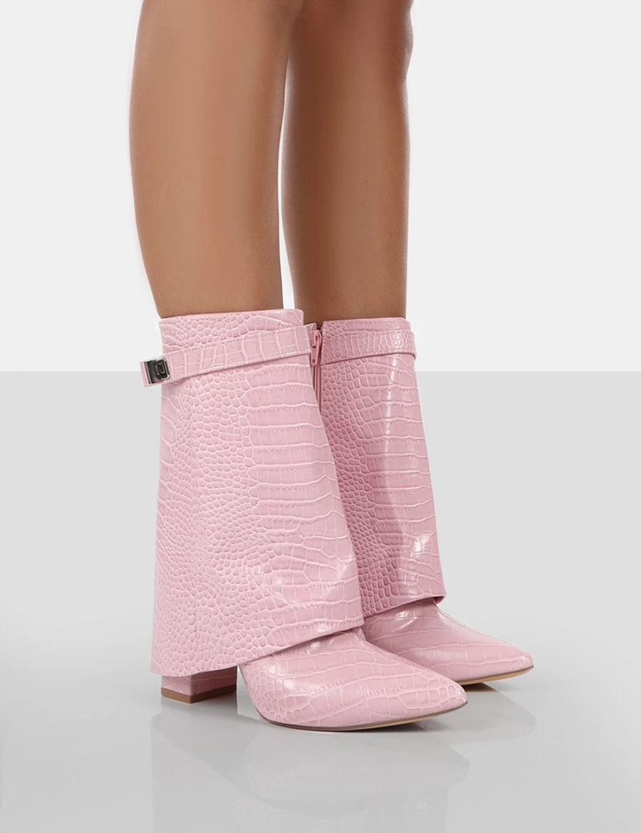 Public Desire Women's Pink Fyre Baby Croc Pointed Toe Block Heel Ankle Boots