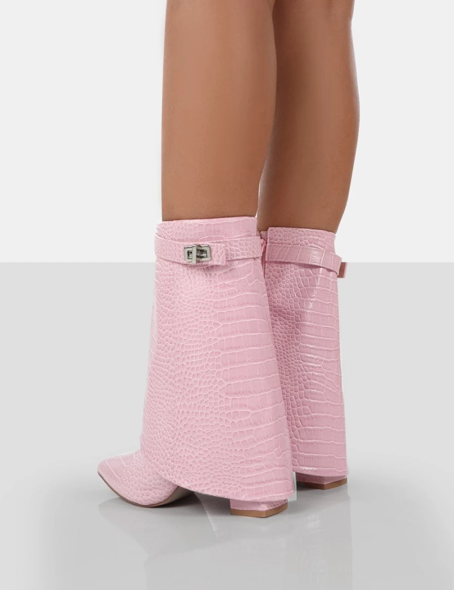 Public Desire Women's Pink Fyre Baby Croc Pointed Toe Block Heel Ankle Boots