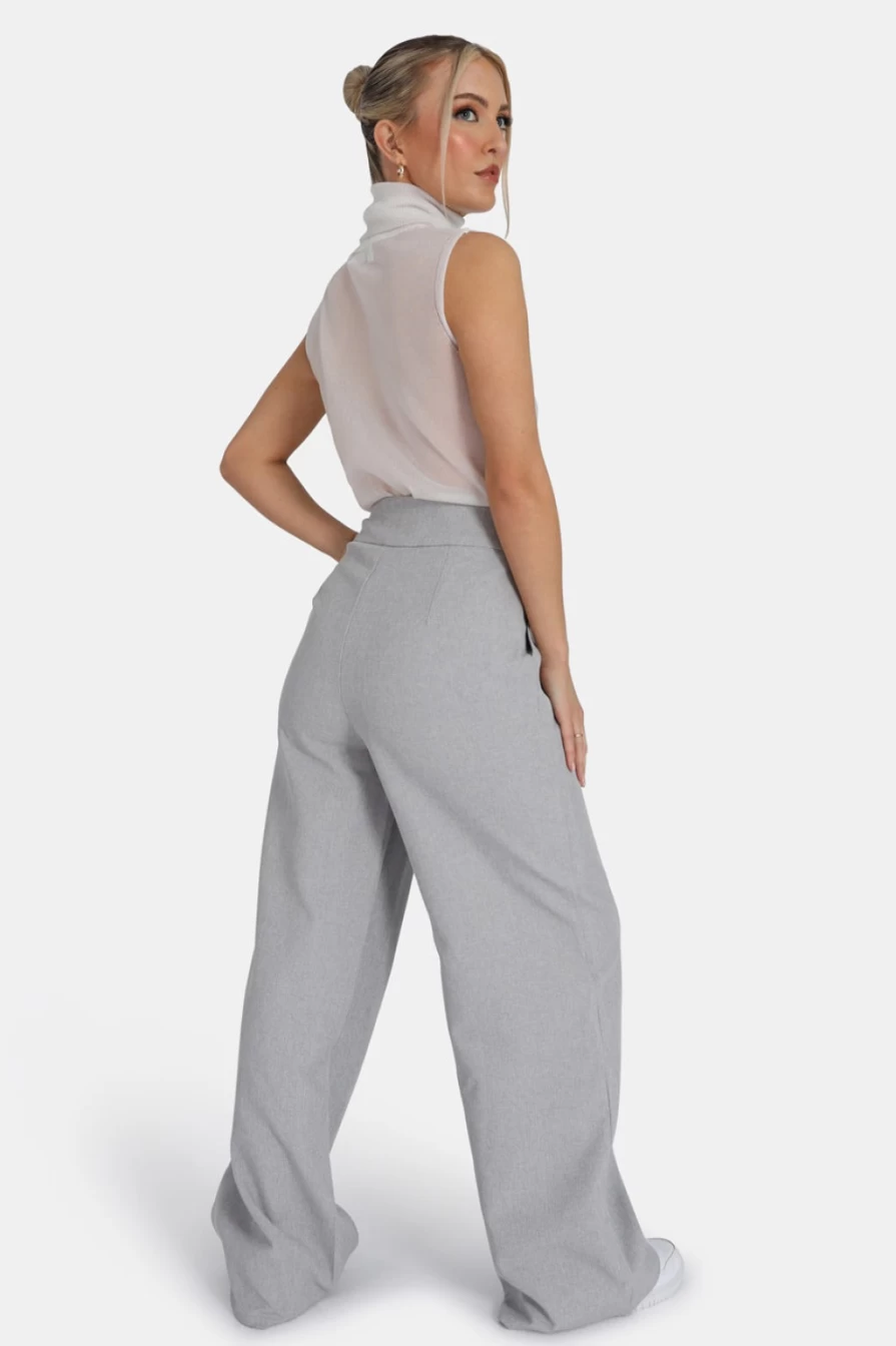 Public Desire Women's Grey Tailored Wide Leg Trousers - Premium High Waist Palazzo Pants