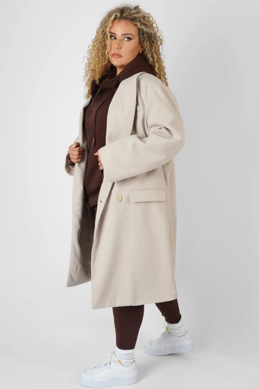 Public Desire Women's Beige Curve Longline Oversized Wool Coat