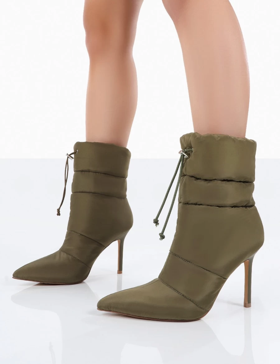 Public Desire Women's Green Kenza X Reset Nylon Stiletto Heeled Ankle Boots with Padded Detail