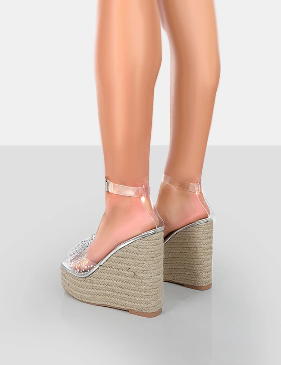 Public Desire Women's Nude Patent Bow Platform Wedge Heels for Ocean Beach Style