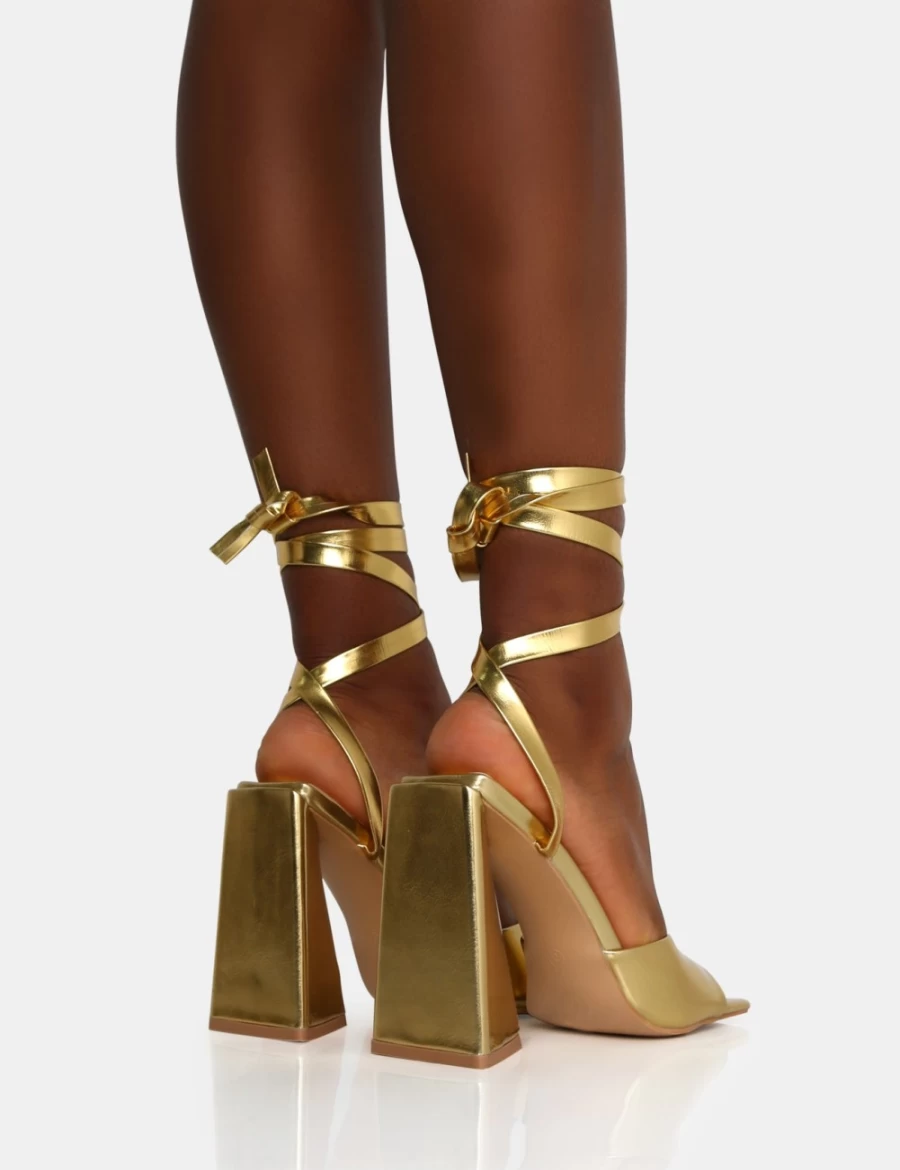 Public Desire Women's Gold Mojito Lace Up Block Heel Sandals