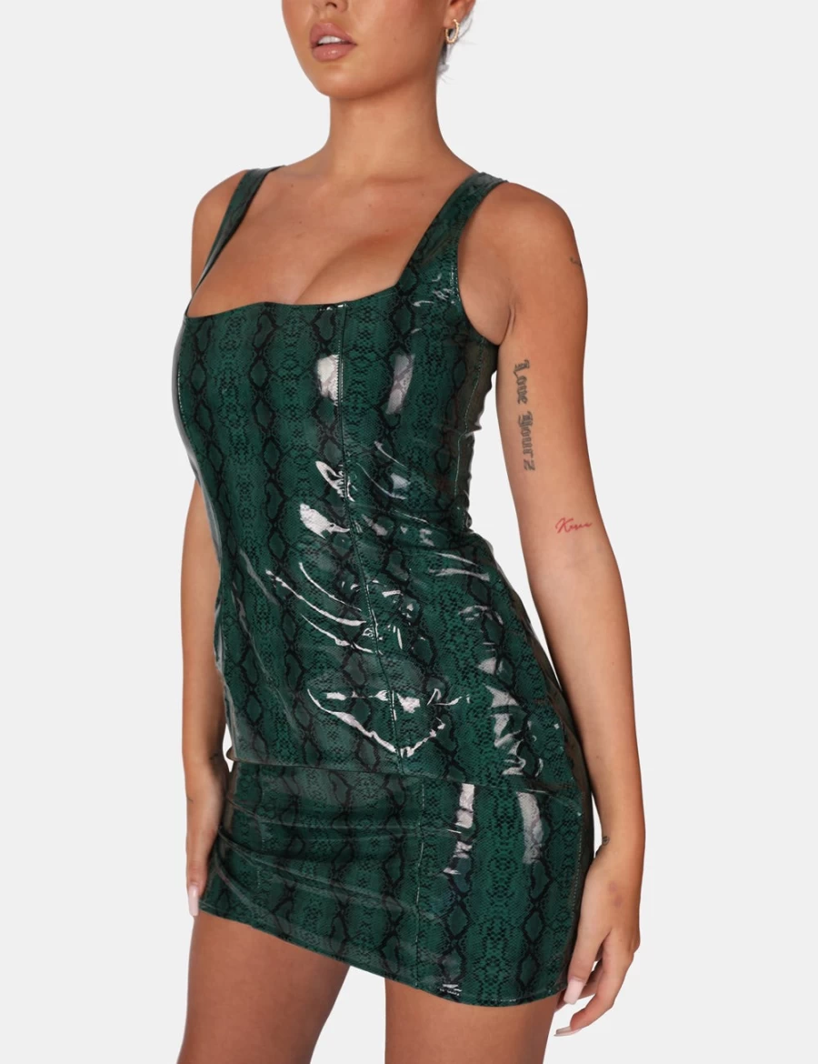 Public Desire Women's Green Snake Print PU Corset Mini Dress