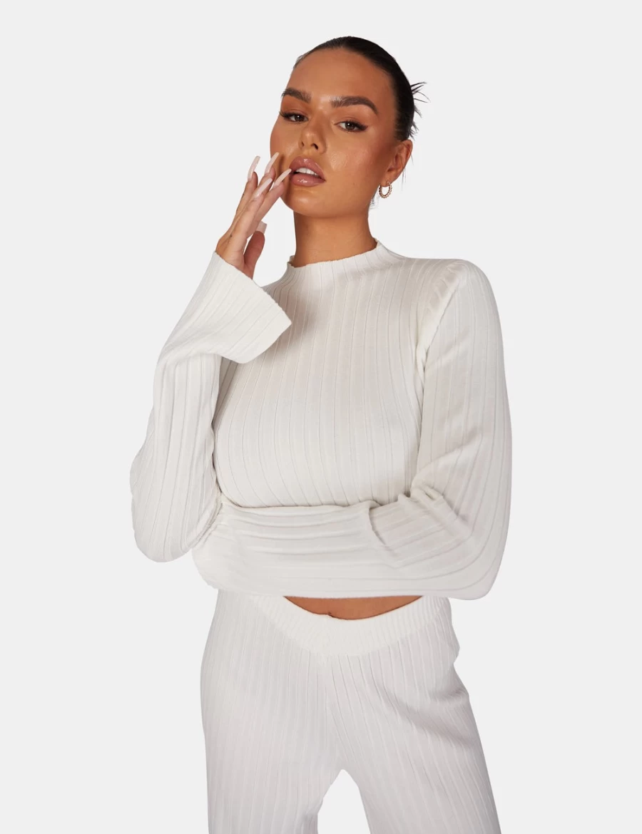 Public Desire Women's White Long Sleeve High Neck Ribbed Knit Crop Top