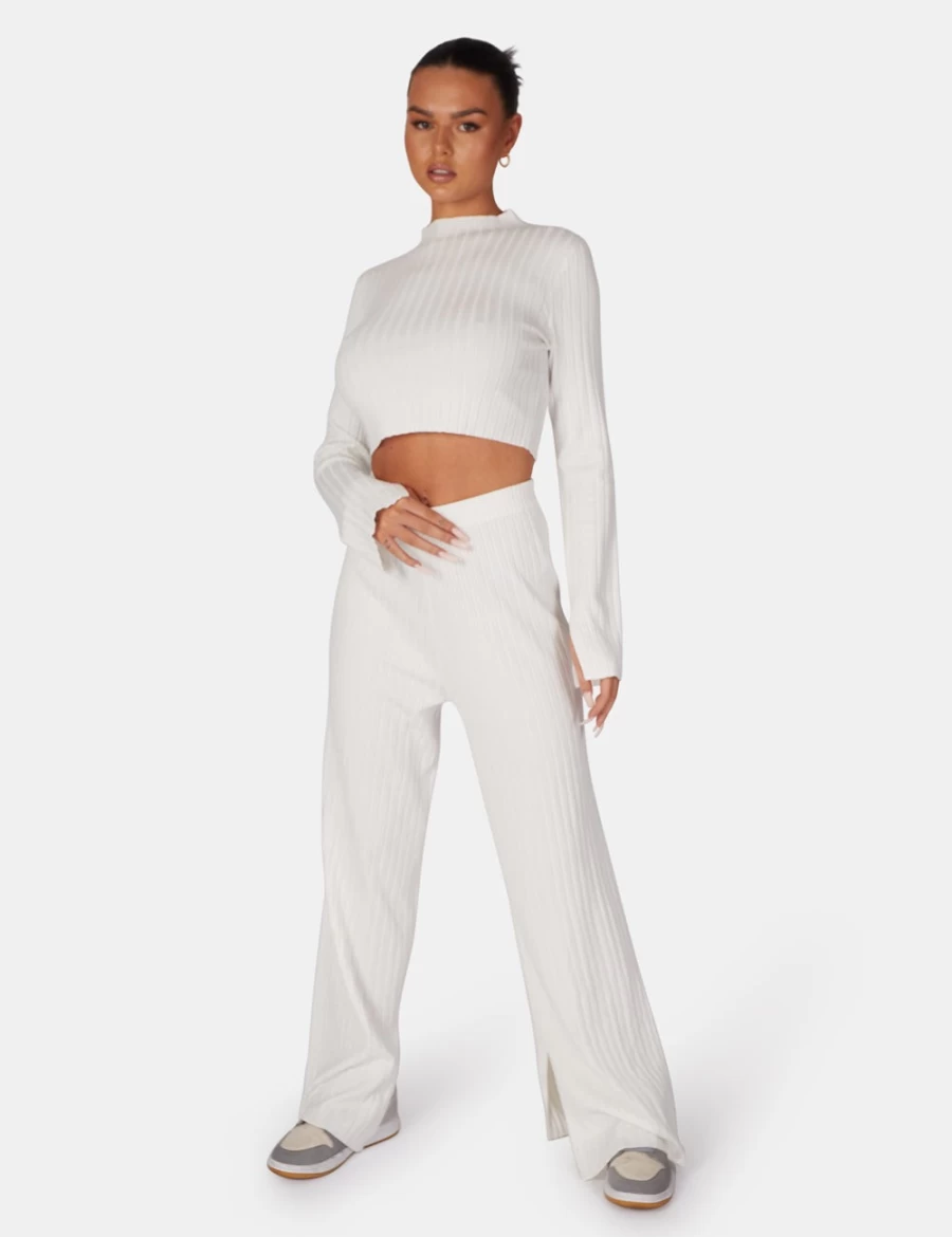 Public Desire Women's White Long Sleeve High Neck Ribbed Knit Crop Top
