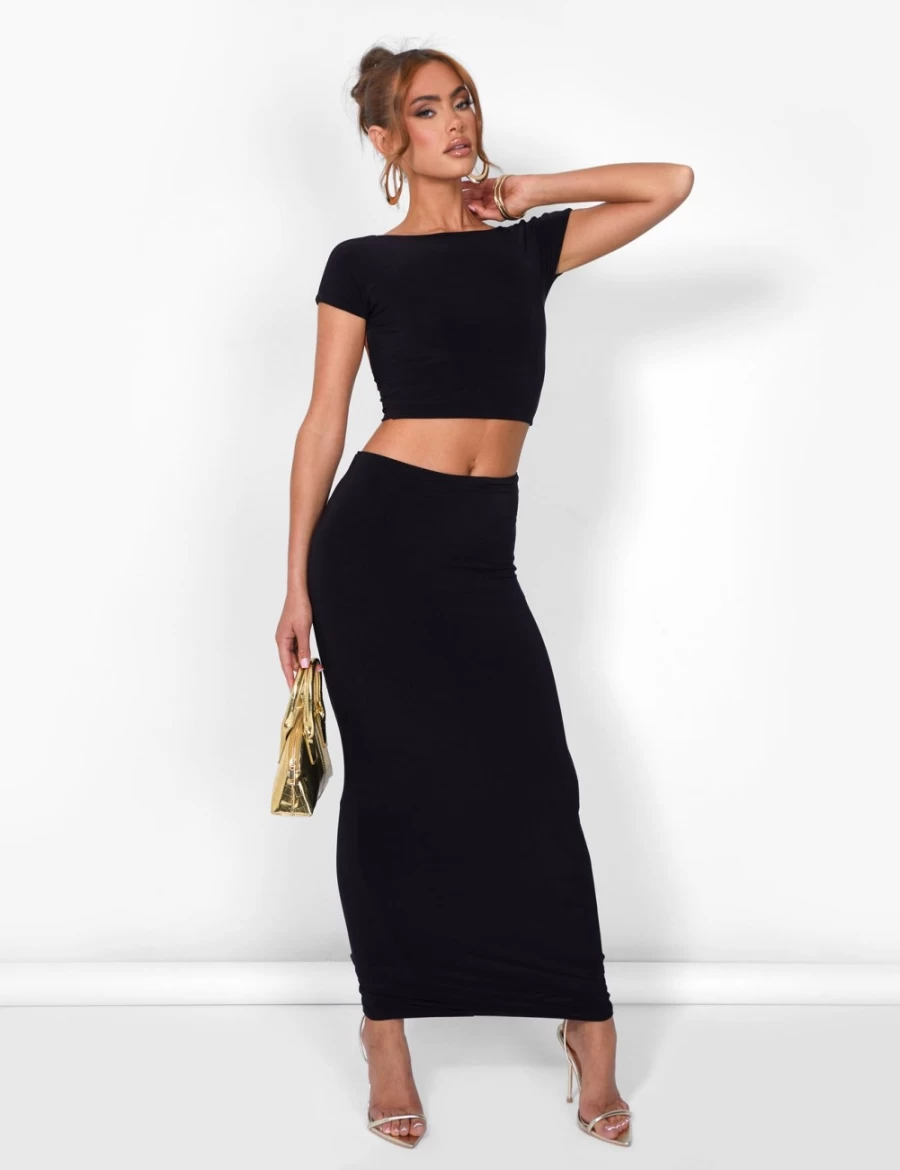 Public Desire Women's Black Kaiia Slinky Maxi Skirt Co-Ord Set
