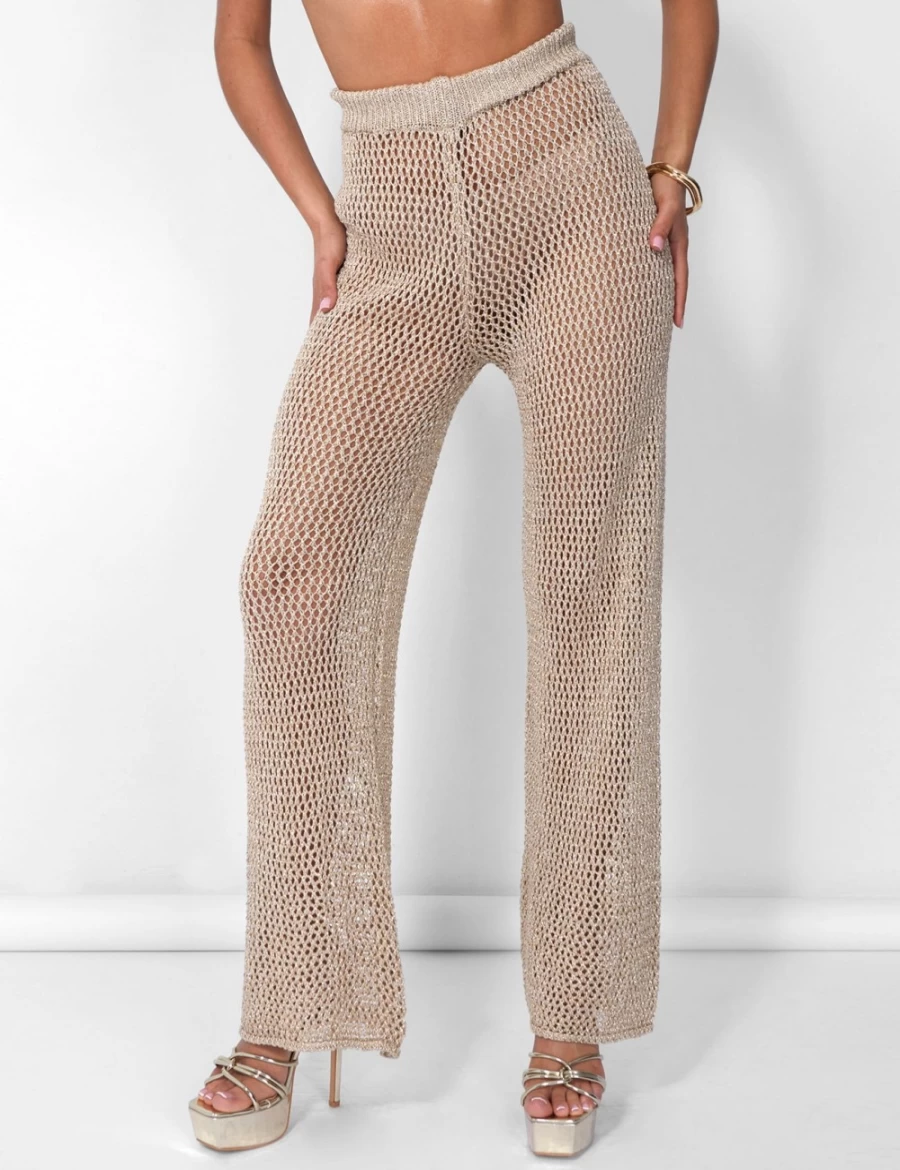 "Public Desire Women's Gold High Waisted Crochet Wide Leg Beach Trousers with Metallic Thread"