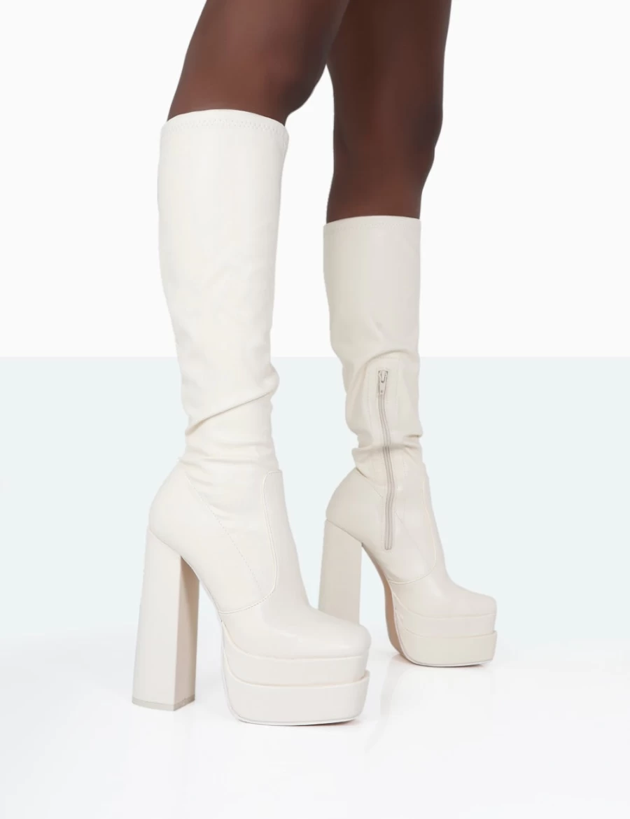 Public Desire Women's Ecru Square Toe Platform Block High Heel Over The Knee Boots