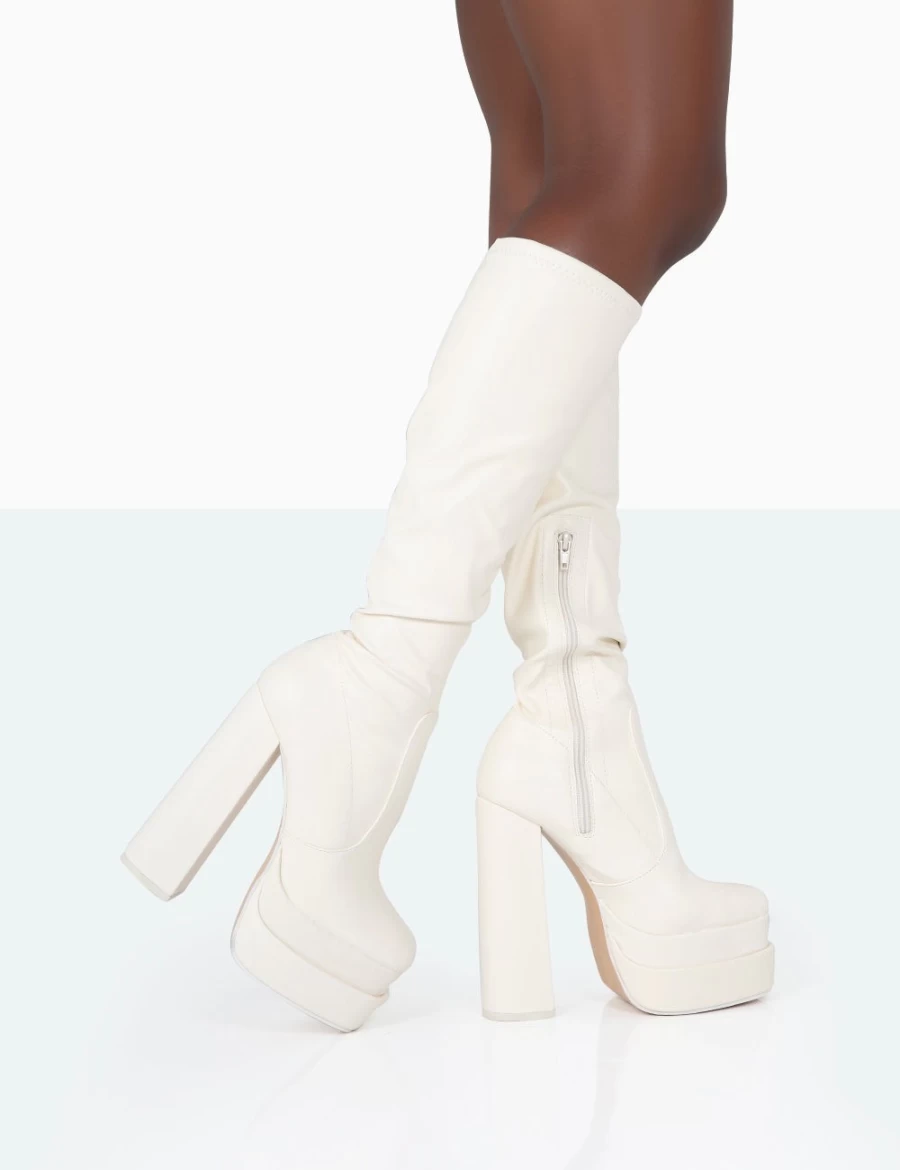 Public Desire Women's Ecru Square Toe Platform Block High Heel Over The Knee Boots