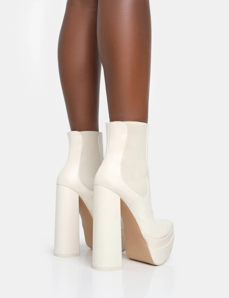 Public Desire Women's Ecru Cady Pu Ankle Boots with Platform, Pointed Toe & Block Heel