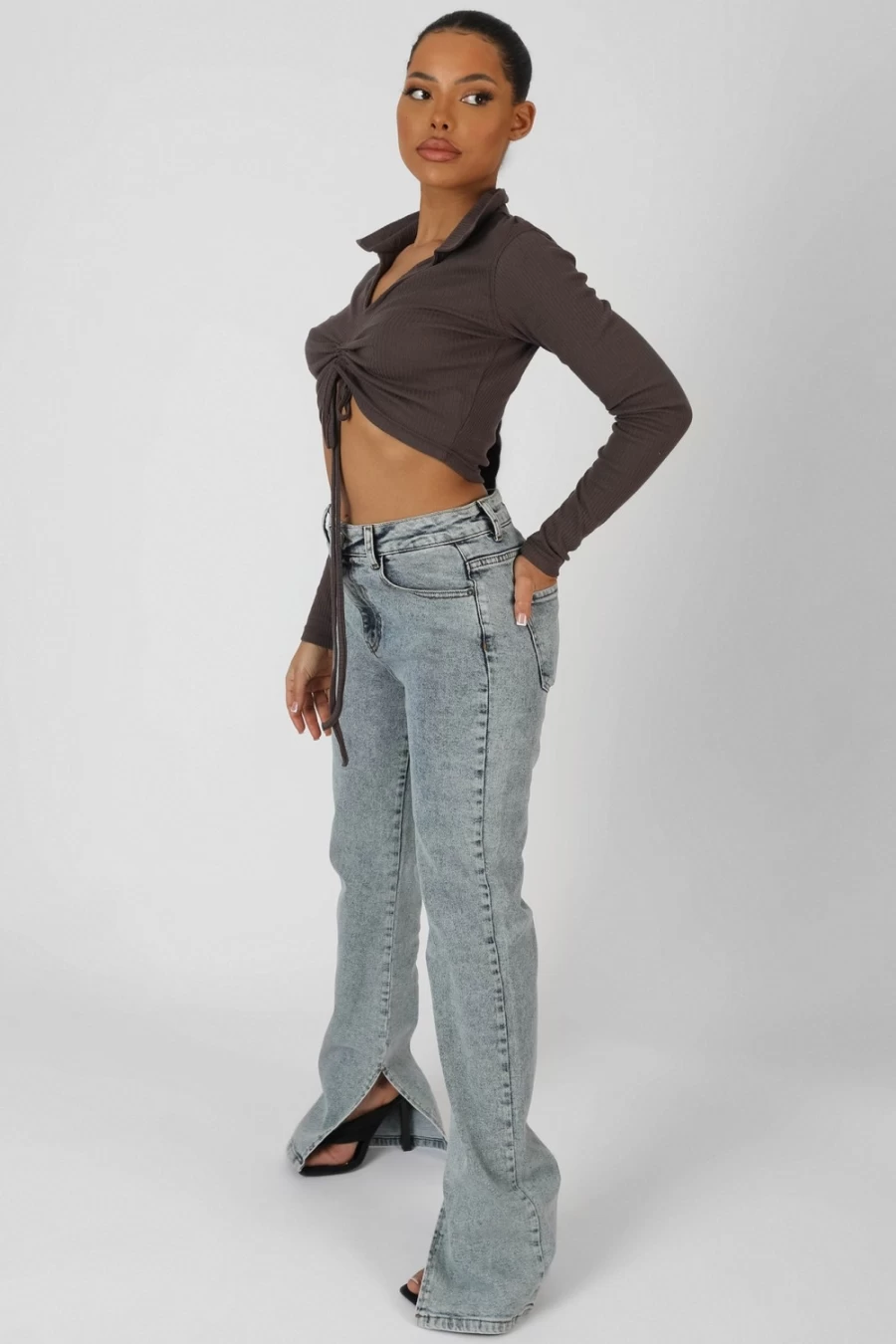 Public Desire Women's Taupe Long Sleeve Ruched Collar Top