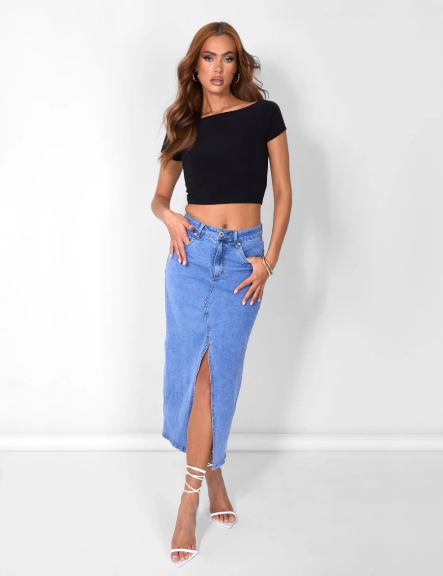 Public Desire Women's Blue Split Front Longline Denim Skirt - Distressed Wash Style