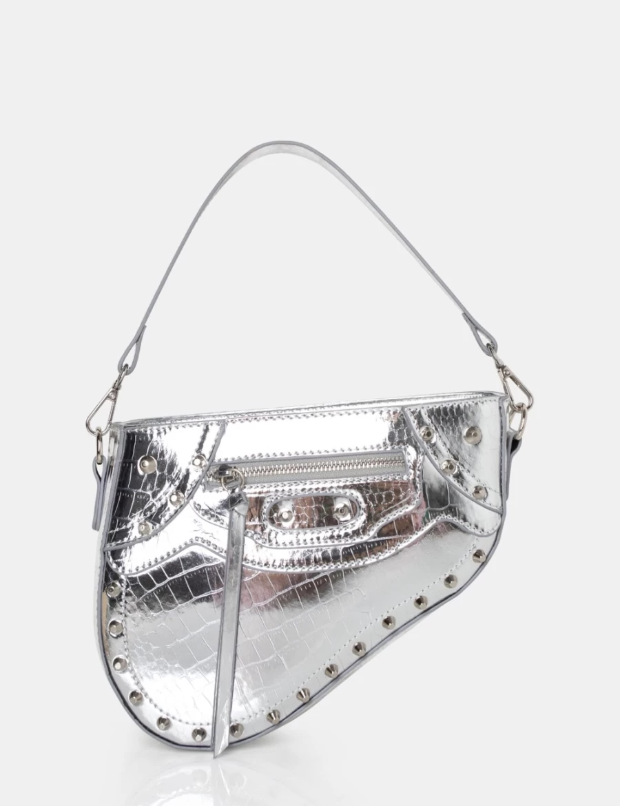 Public Desire Silver Fox Metallic Croc Studded Saddle Bag for Women