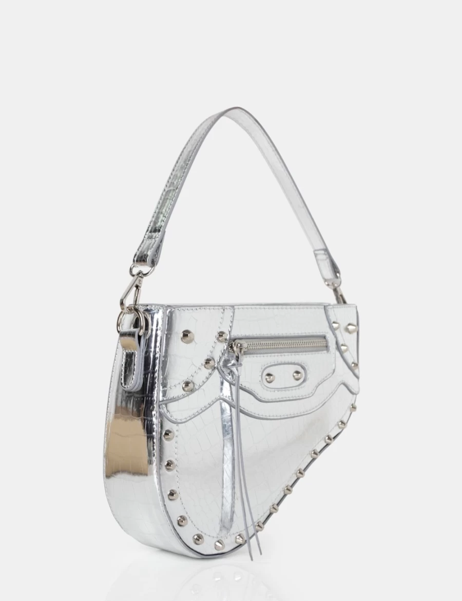 Public Desire Silver Fox Metallic Croc Studded Saddle Bag for Women